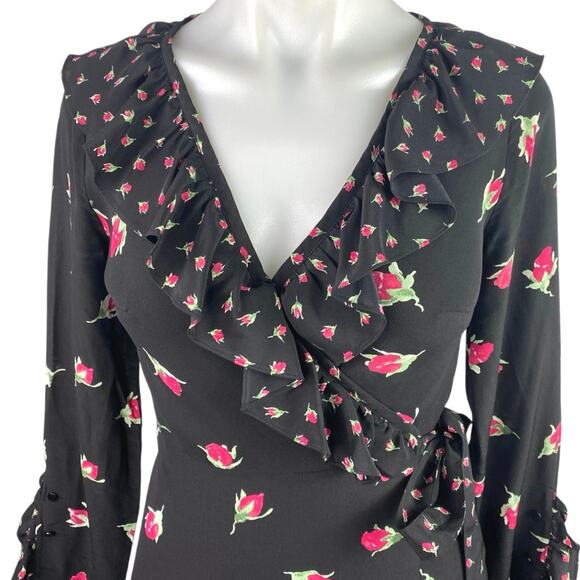 Club Monaco 100% Silk Black Floral Ruffle Long Sleeve V-Neck Mini Wrap Dress 0 - Picture 3 of 5